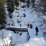 A group of students walking in the snowy forest with snowshoes on